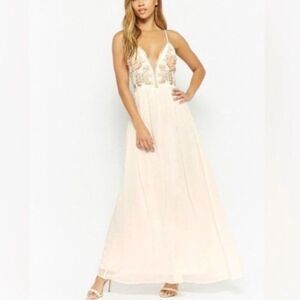 Soieblu Women's Ivory Chiffon Embroidered Sleeveless Flowy Maxi Dress Size L